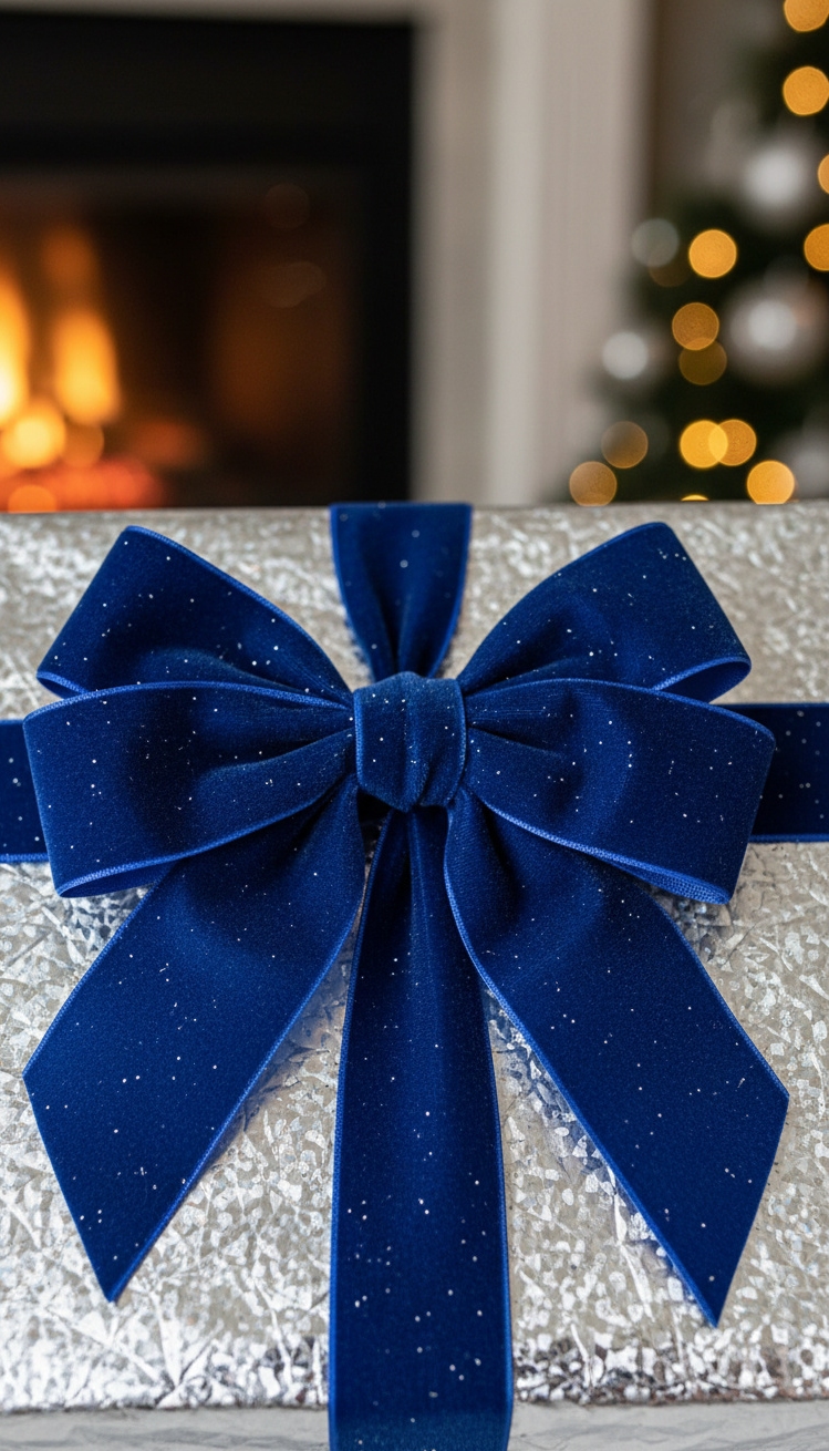blue christmas decorations ideas - Blue Christmas: Velvet and Silver - A wide, blue velvet ribbon cinches a gift...