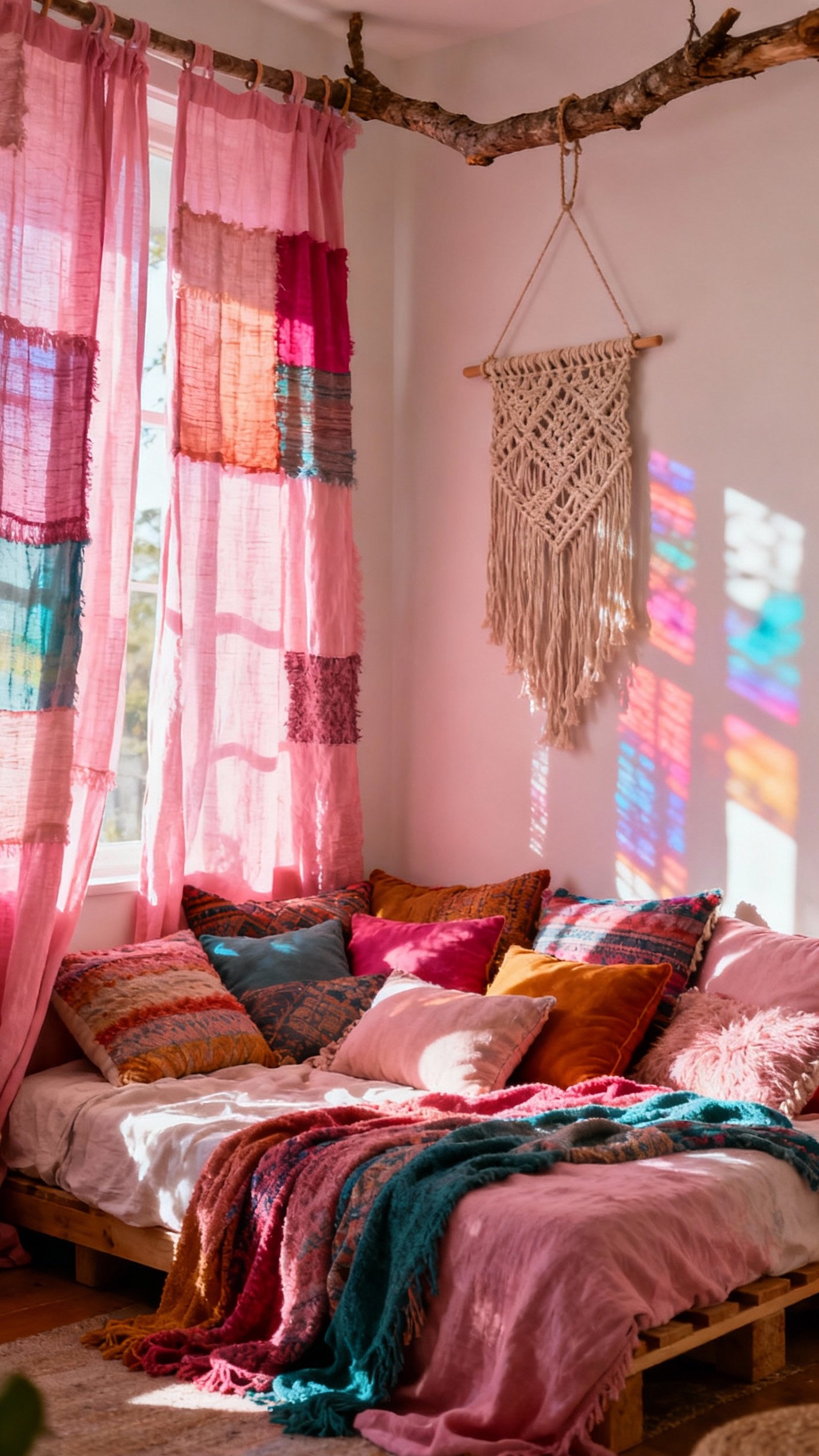 pink curtains bedroom ideas - Pink Curtains: Bohemian Bedroom Design Ideas - Patchwork pink curtains steal the show in this...