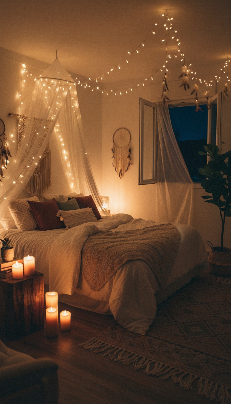 Boho Chic Bedroom - Twinkling Lights, Boho Bedroom Nights - These fairy lights cast a warm glow, twinkling...
