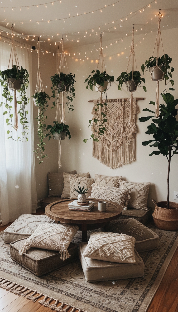 Boho Chic Bedroom - Boho Bedroom: Cushions, Lights, Plants - These floor cushions invite you to sink right...