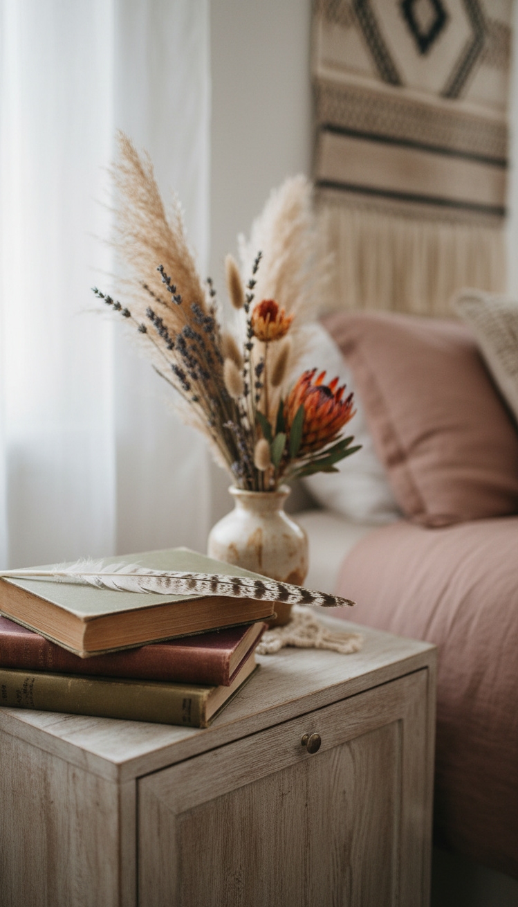 Boho Chic Bedroom - Boho Bedroom: Vintage Touches Abound - These vintage books, stacked casually by the bedside,...