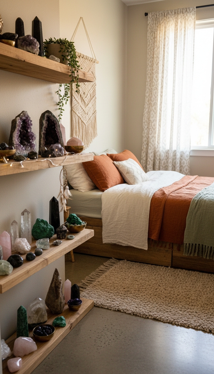 Boho Chic Bedroom - Boho Bedroom: Crystals and Gemstones - These crystals catch the light. Amethyst, quartz, and...