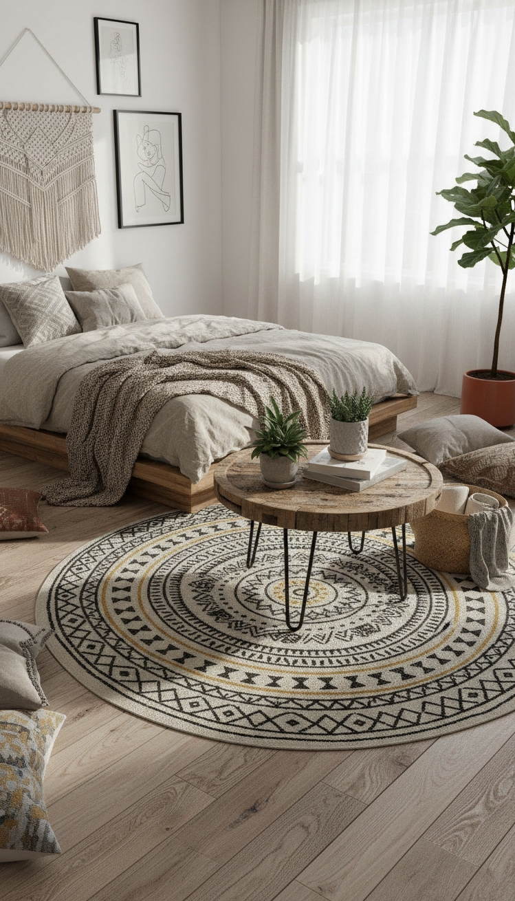 Boho Chic Bedroom - Geometric Rugs Anchor Boho Bedrooms - The geometric rug anchors this boho bedroom with...