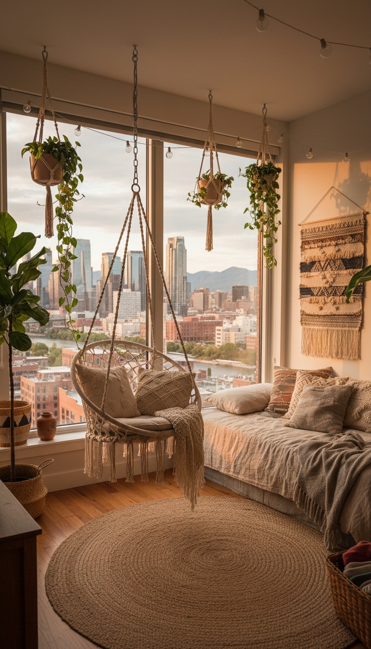 Boho Chic Bedroom - Macrame & City Views: Boho Style - The hanging chair steals the show, its woven...