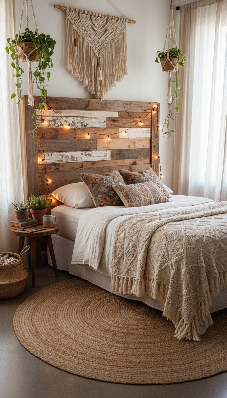 Boho Chic Bedroom - Reclaimed Wood Headboard: Boho Bedroom - The reclaimed wood headboard grabs your attention right...