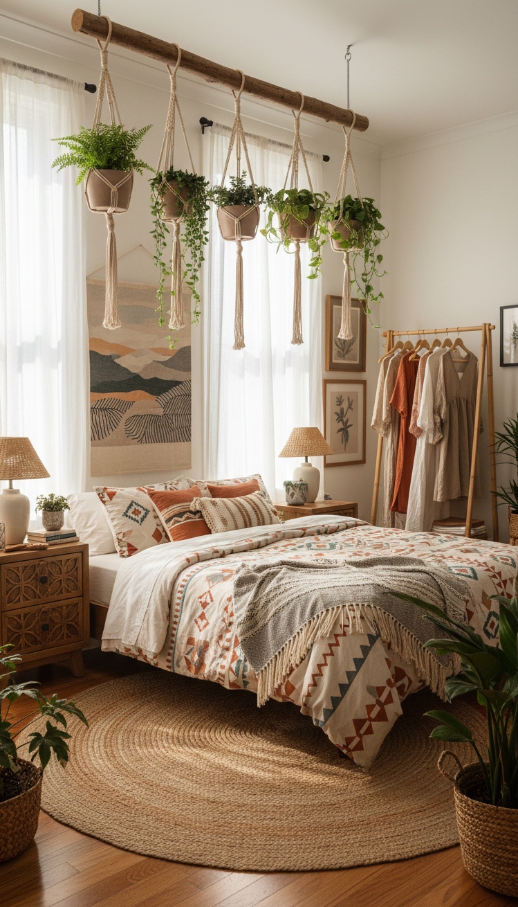 Boho Chic Bedroom - Macrame and Wood: Boho Bedroom - These macrame plant hangers soften the room and...