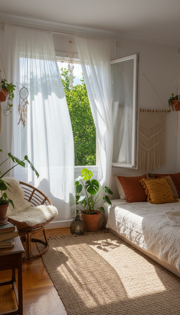 Boho Chic Bedroom - Breezy Boho Bedroom Design Ideas - These linen drapes soften the light pouring into...