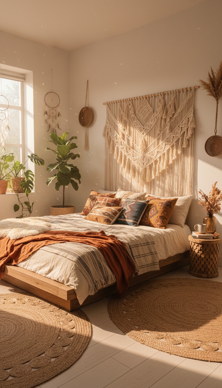 Boho Chic Bedroom - Boho Bedroom: Layered Textiles & Light - These textiles speak volumes. Patterned throws and pillows...