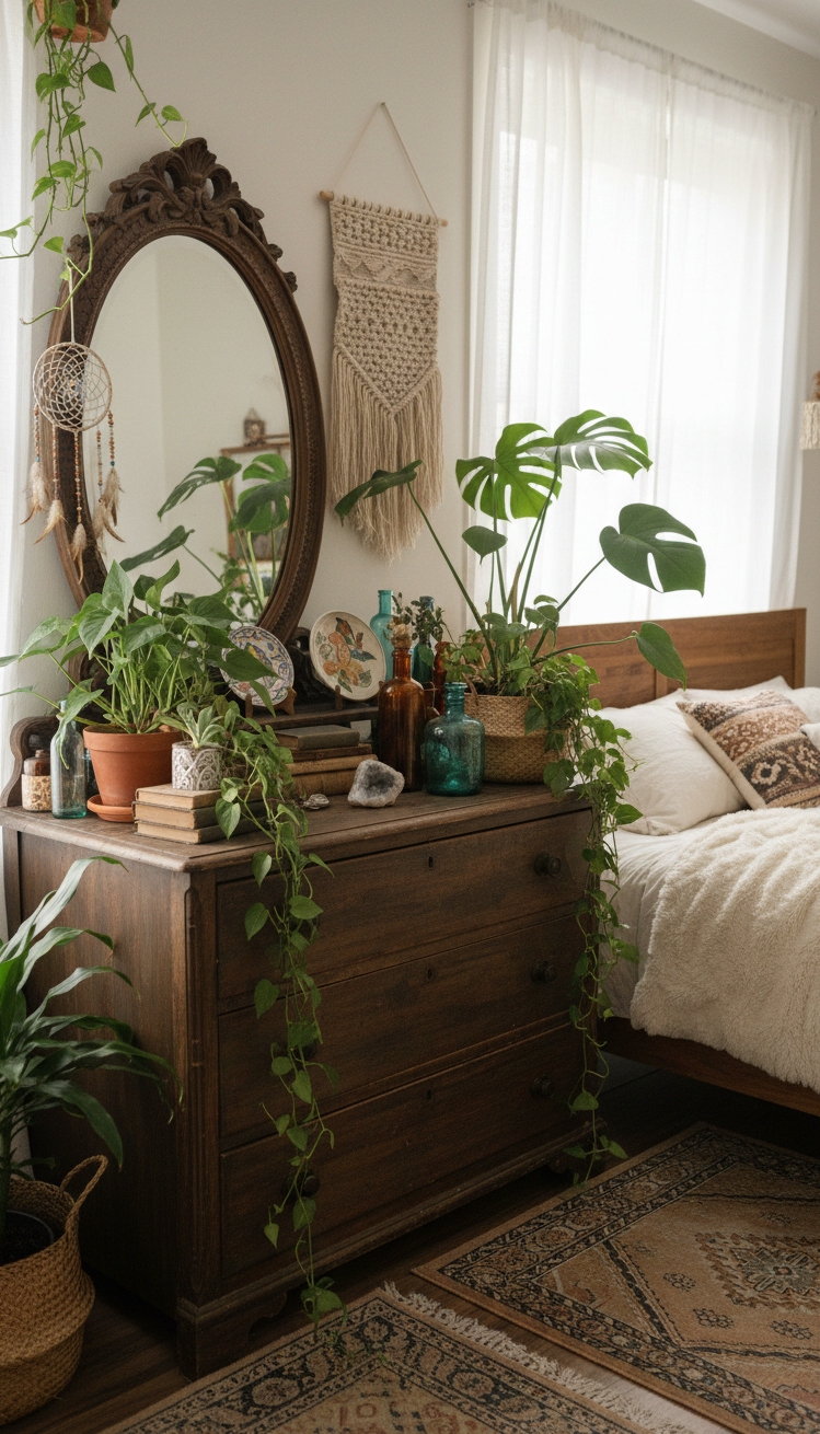 Boho Chic Bedroom - Boho Bedroom: Dresser Vignette Ideas - These plants cascade artfully over the dresser's edge,...