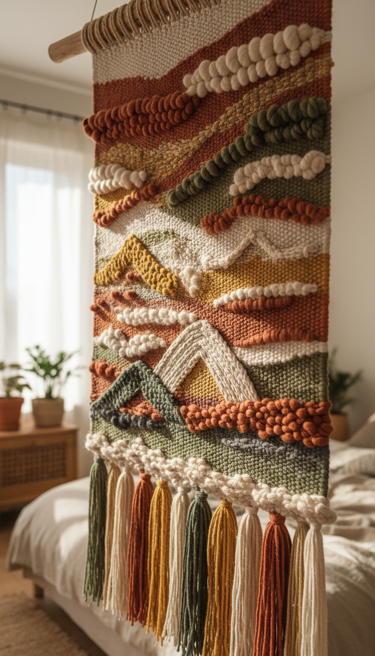 Boho Chic Bedroom - Woven Wonders: Boho Bedroom Textures - These woven wall hangings bring warmth. Earthy browns...