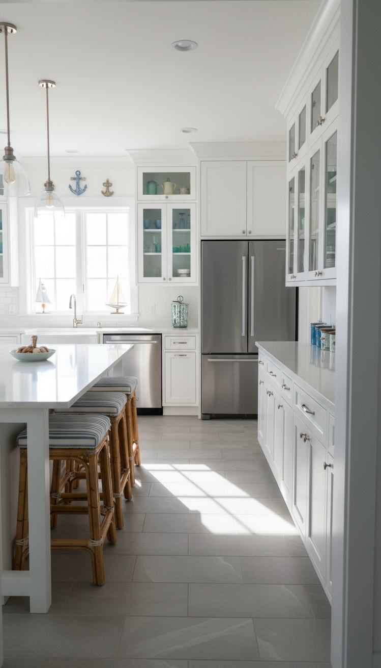 Beach Cottage Kitchens - Coastal Kitchen: Light, White, and Inviting - The white quartz island immediately draws your eye,...