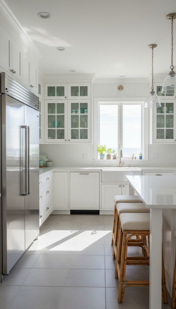 Beach Cottage Kitchens - Coastal Kitchen Design: Light and Airy - The white cabinetry immediately draws your eye, reflecting...
