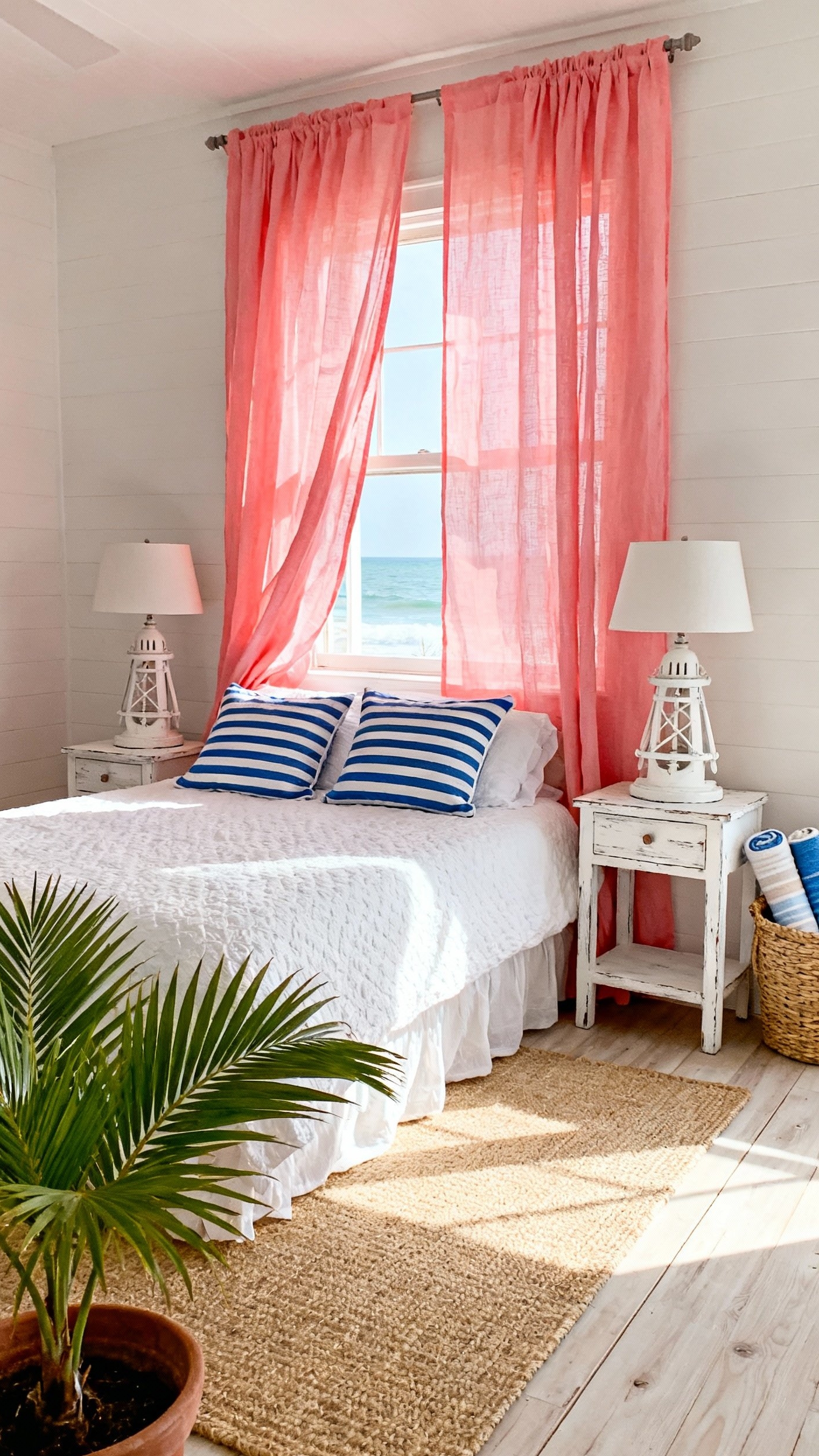 pink curtains bedroom ideas - Pink Curtains: Coastal Bedroom Bliss - These coral pink linen drapes immediately catch your...