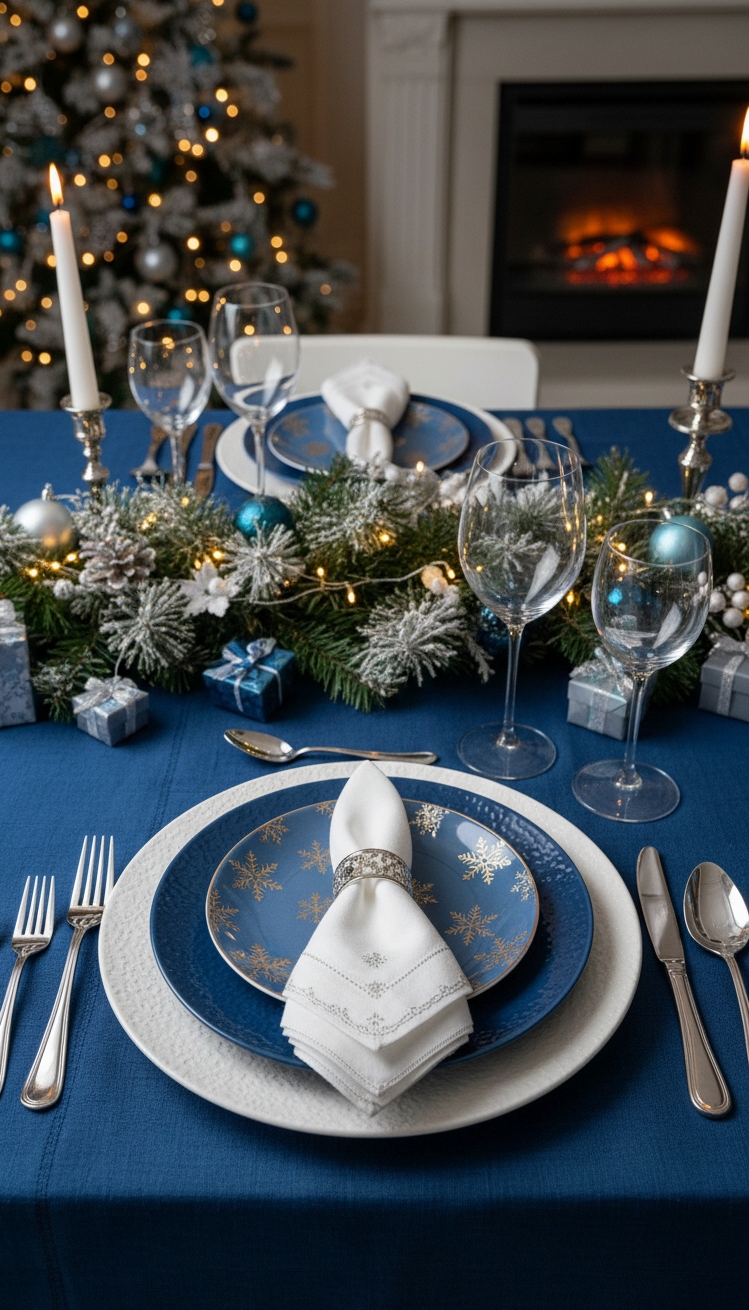 blue christmas decorations ideas - Blue Christmas: Festive Table Settings - The blue linen tablecloth sets a cool, calm...