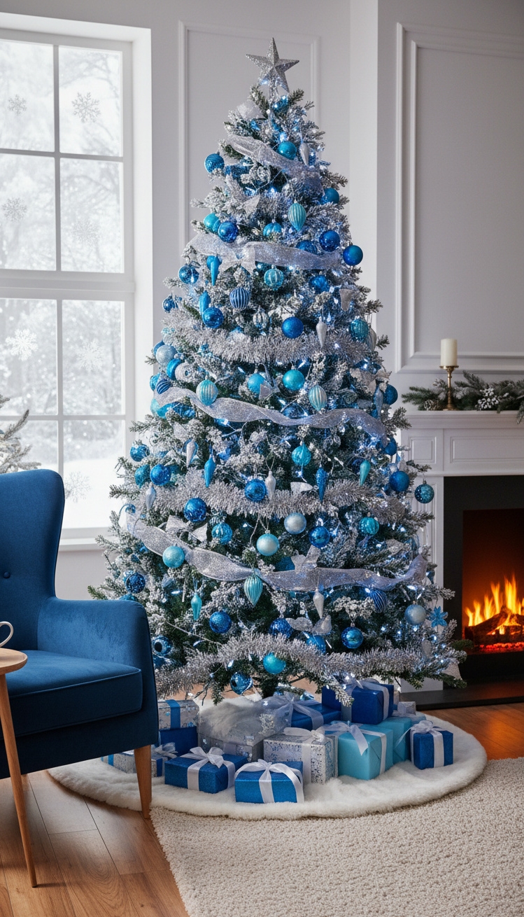 blue christmas decorations ideas - Blue Christmas: Decorating with Cool Color - The Christmas tree shimmers with a cool elegance,...