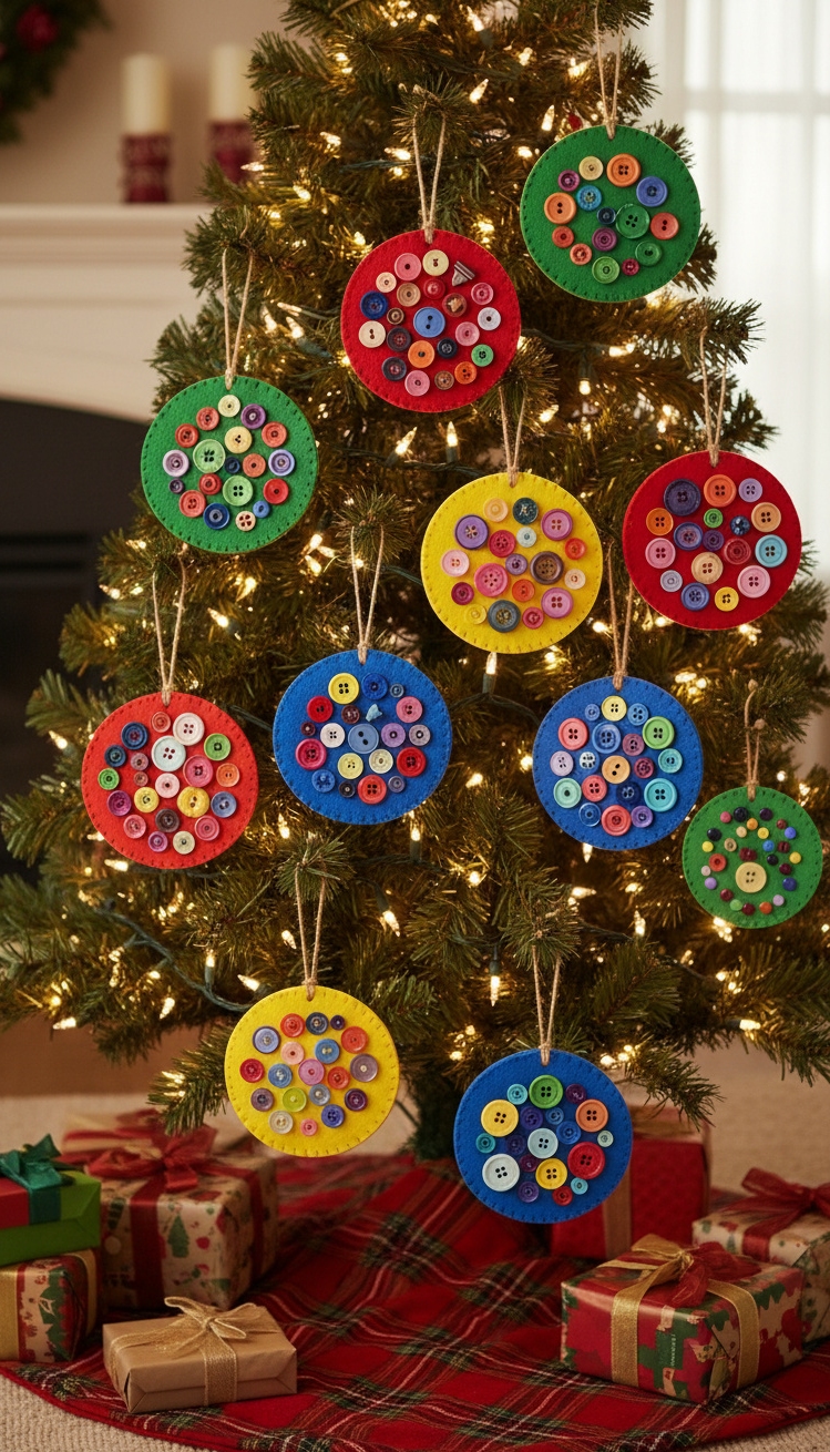 easy christmas ornaments - Easy Christmas Ornaments: Button Design - These button ornaments feel so cheerful. The felt...