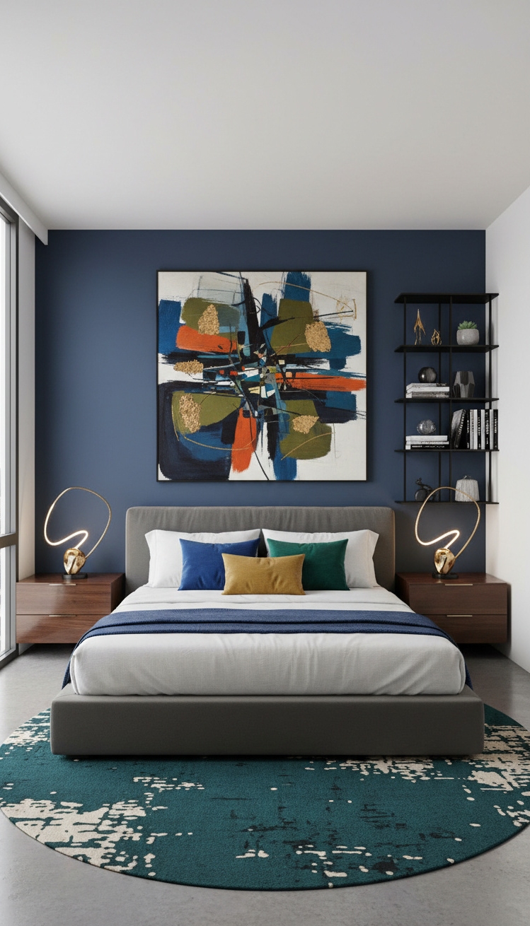 luxury bedroom master design - Bold Accents in Master Bedroom Design - The abstract art commands attention, its colors echoing...