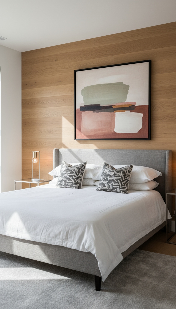 Accent Wall Behind Bed - Wood Accent Wall: Bedroom Design Highlight - The horizontally paneled wood accent wall immediately draws...