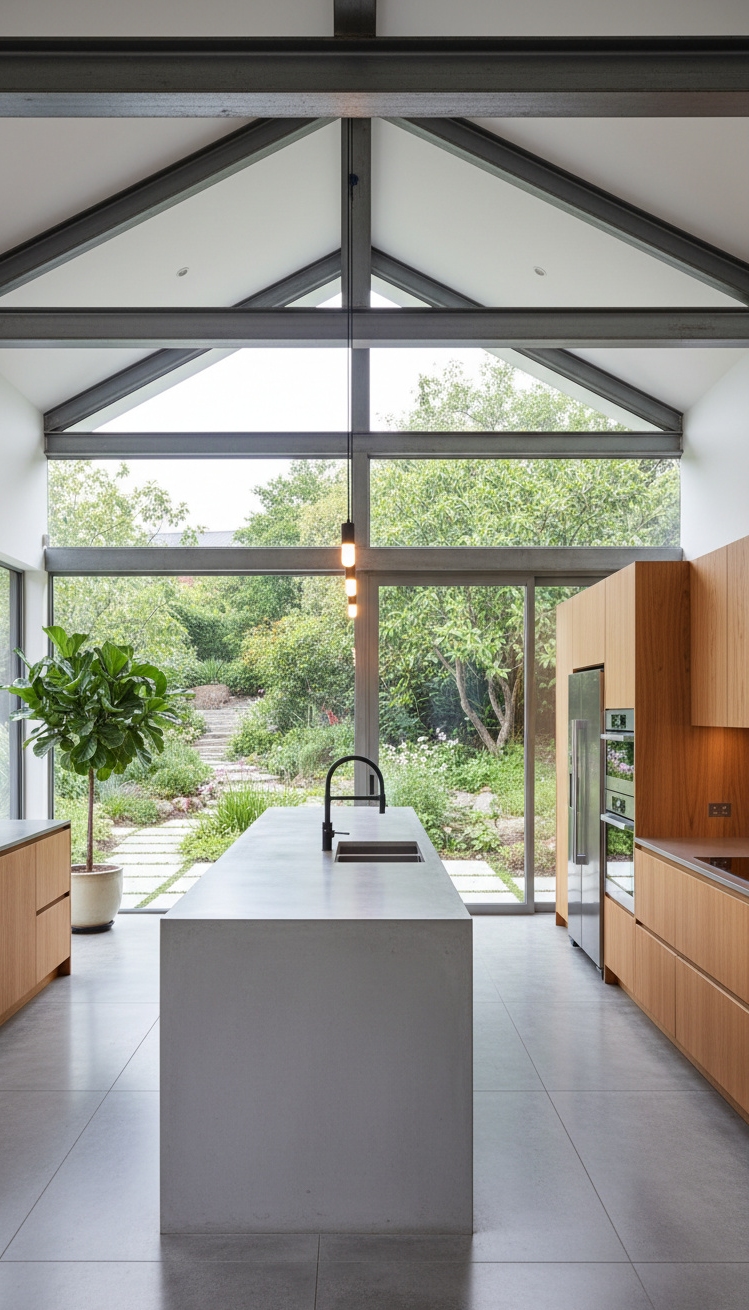 exposed beams kitchen - Exposed Beams: Kitchen Design Statement - These steel beams command attention. They crisscross the...