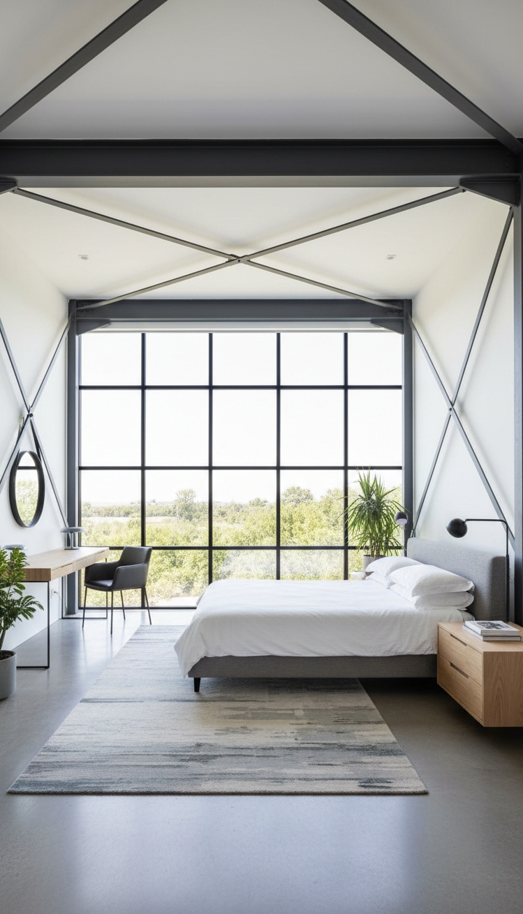 exposed beams bedroom - Exposed Beams: Modern Bedroom Design - These exposed steel beams command attention, drawing your...