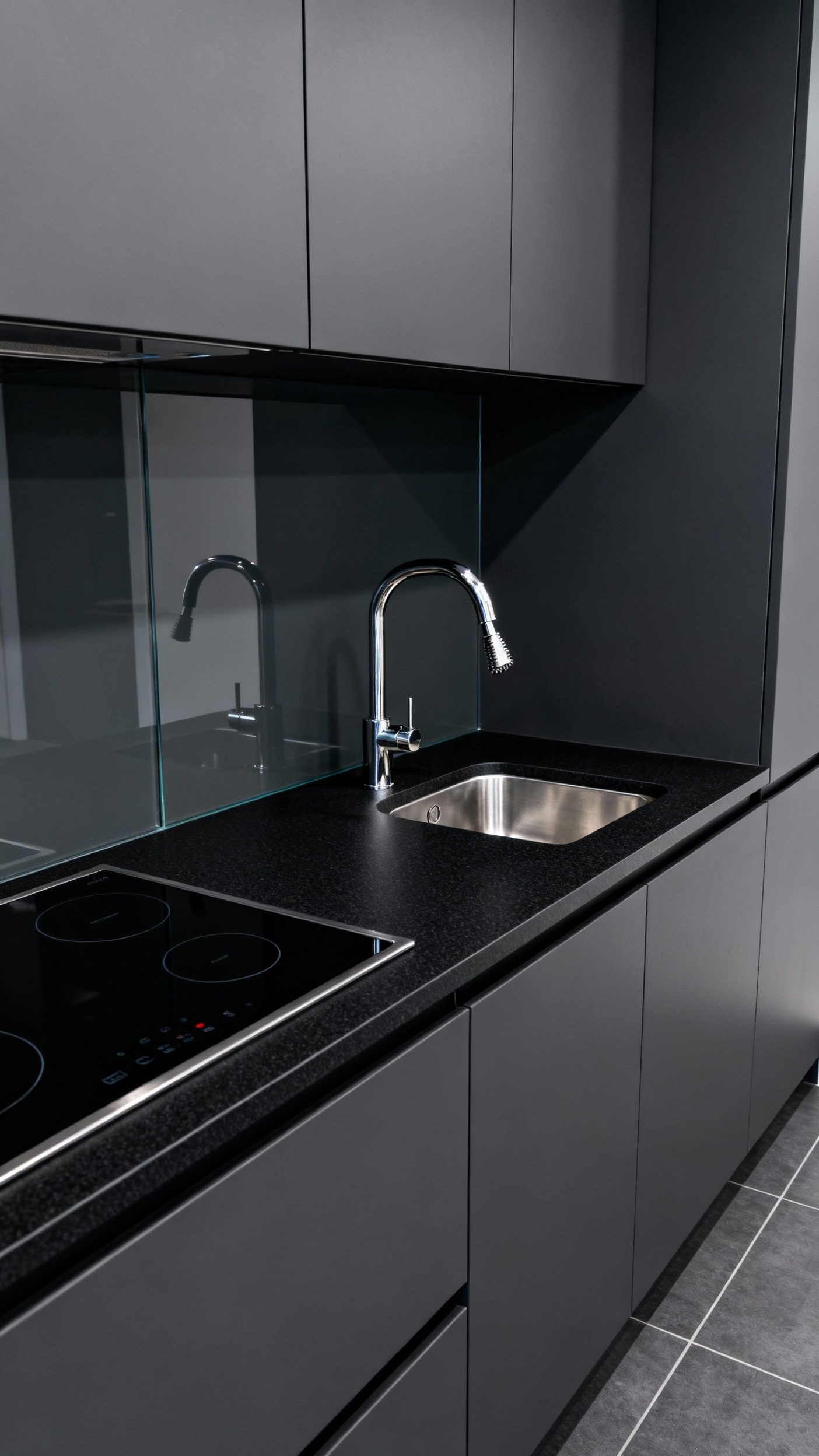 small kitchen ideas - Small Kitchen: Sleek Lines, Modern Design - The dark grey, handleless cabinets recede into the...