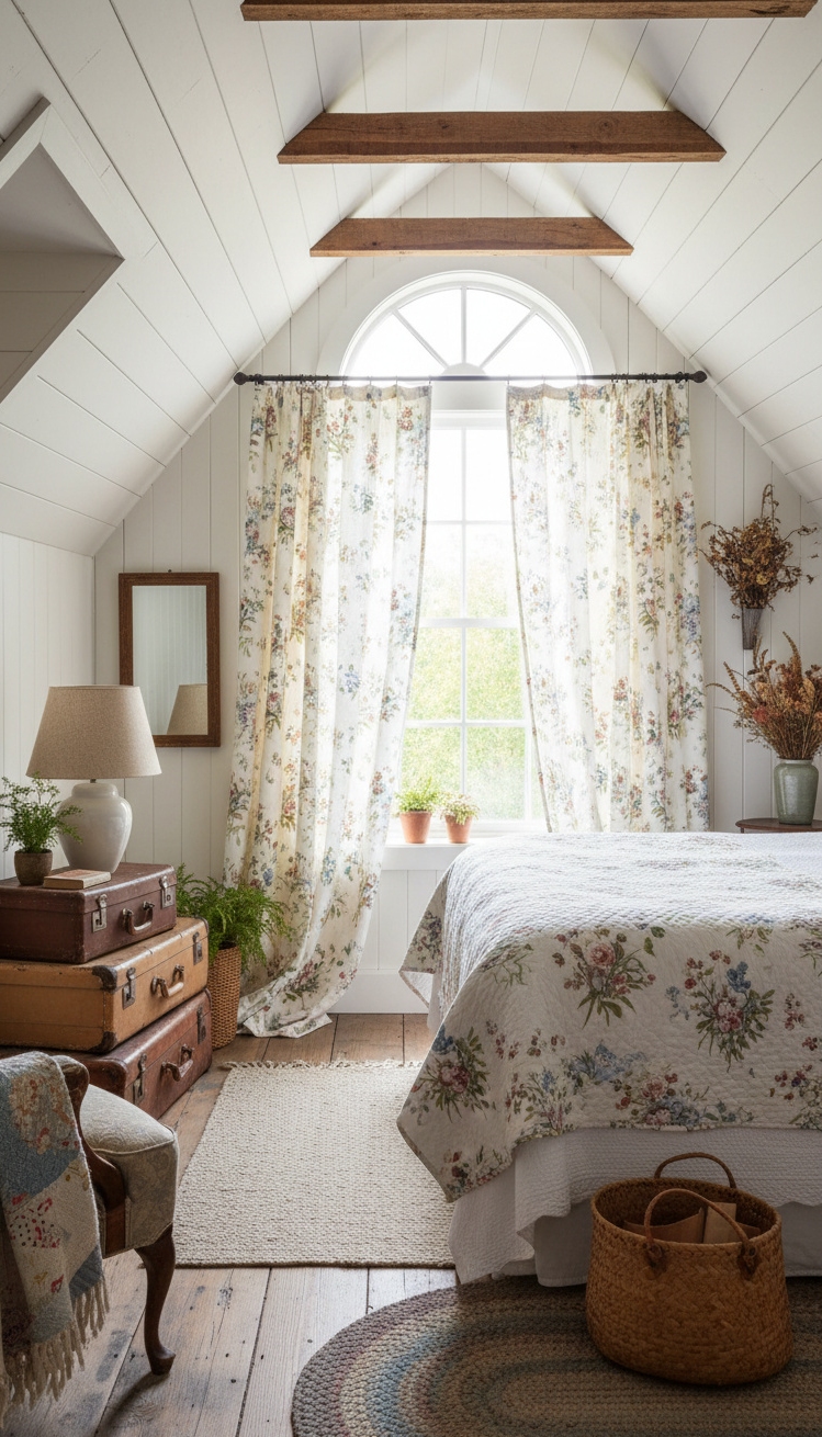 country-style bedroom - Country Bedroom: Attic Charm & Florals - Floral curtains soften the angular lines of this...