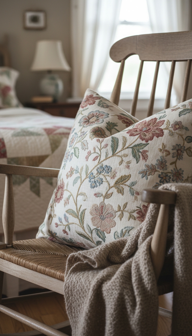 country-style bedroom - Embroidered Pillows: Country Bedroom Charm - The embroidered pillow immediately draws your eye, nestled...
