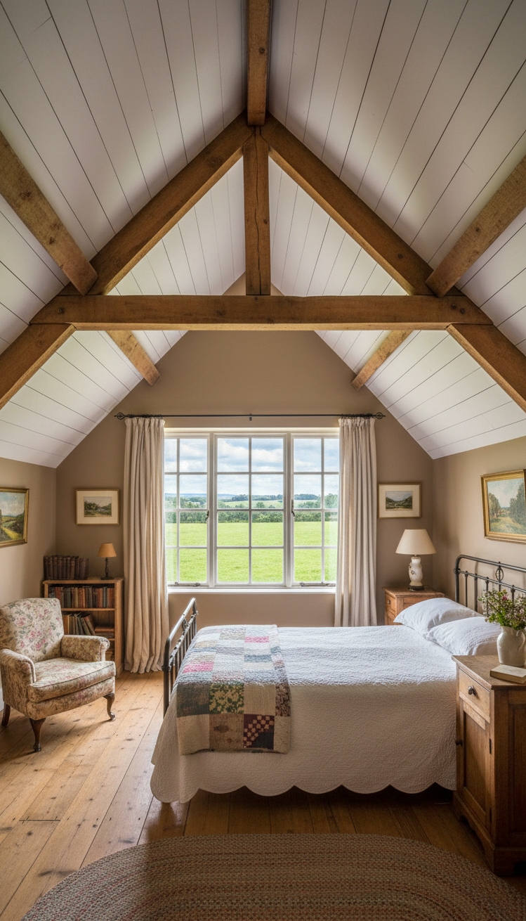 country-style bedroom - Wood Beams & Country Bedrooms - Exposed wooden beams define this country bedroom, drawing...