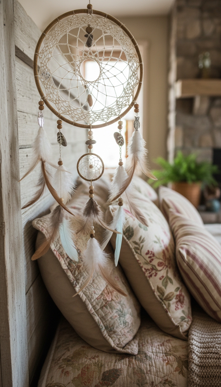 country-style bedroom - Dreamcatcher Details: Country Bedroom Style - A handmade dreamcatcher takes center stage, its soft,...