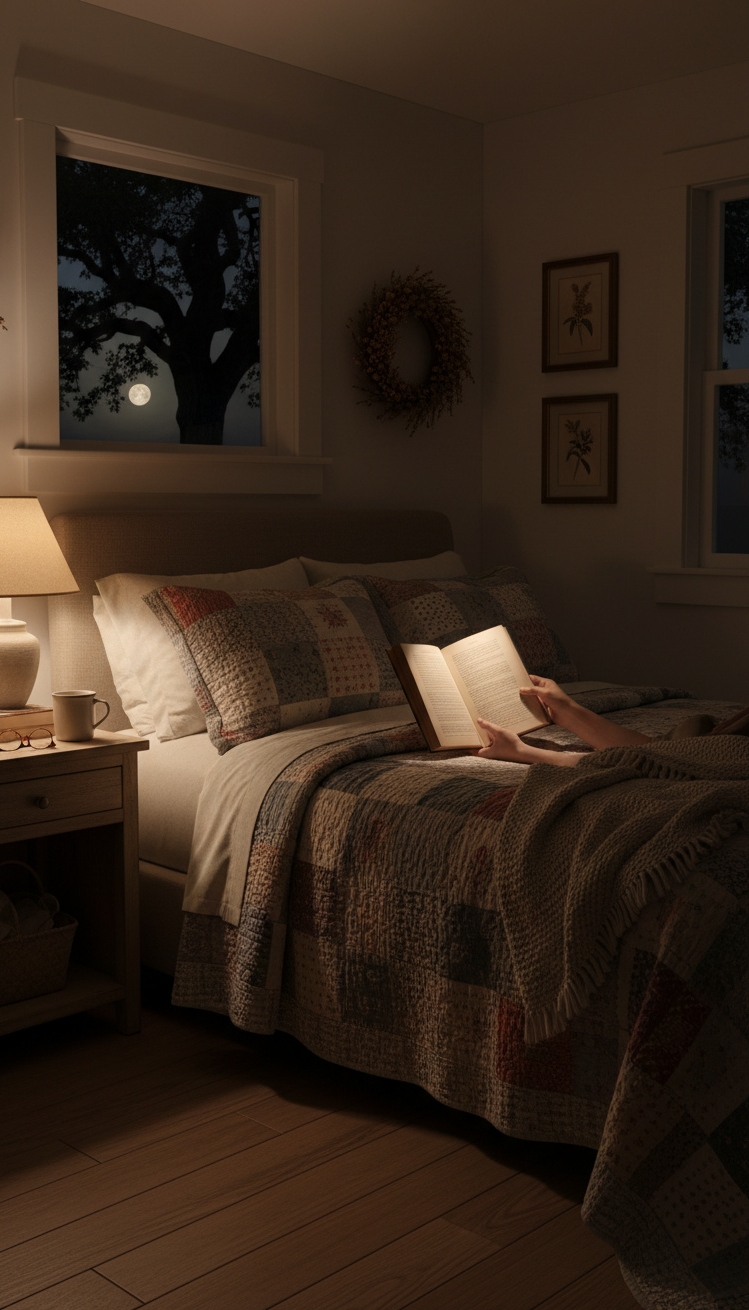 country-style bedroom - Country Bedroom: Lamp Light & Cozy - The bedside lamp casts a warm glow, highlighting...