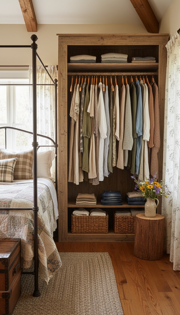 country-style bedroom - Rustic Bedroom: Closet Design Ideas - The open closet anchors this country bedroom, revealing...