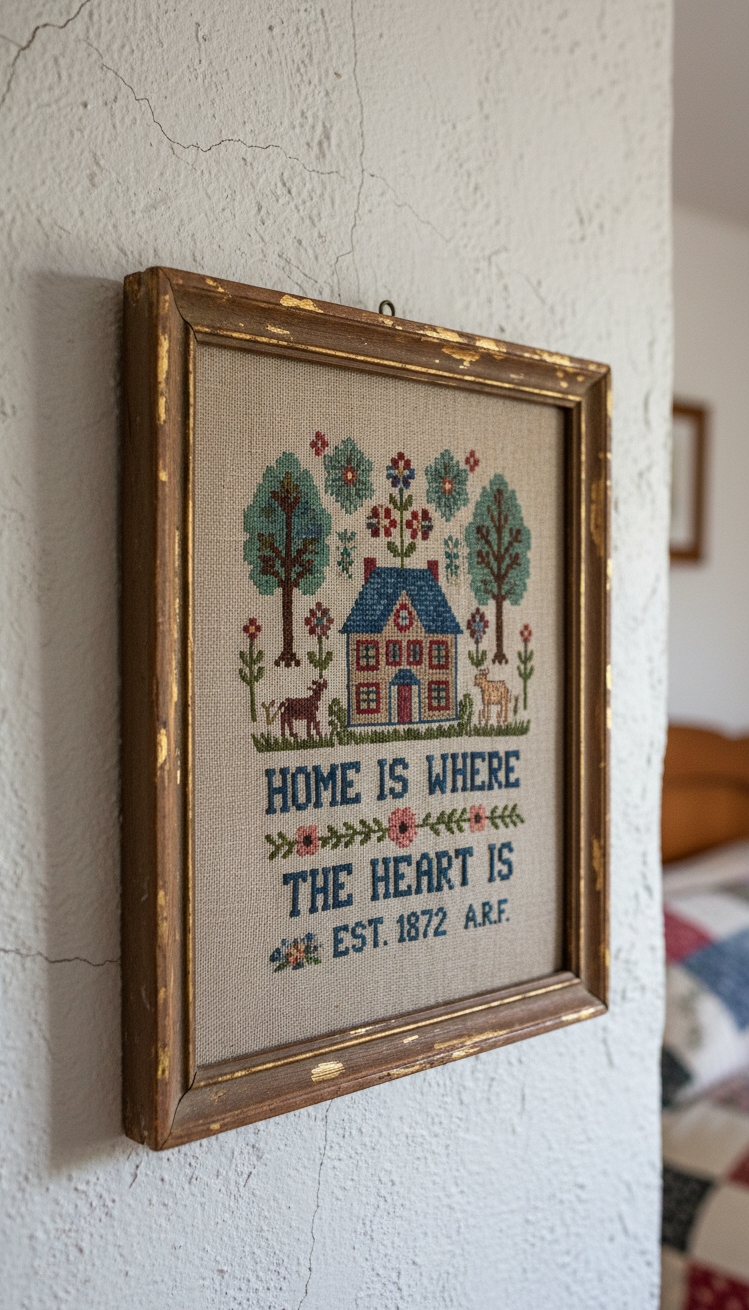 country-style bedroom - Country Bedroom: Hand-Stitched Wall Art - The hand-stitched sampler commands attention with its aged...