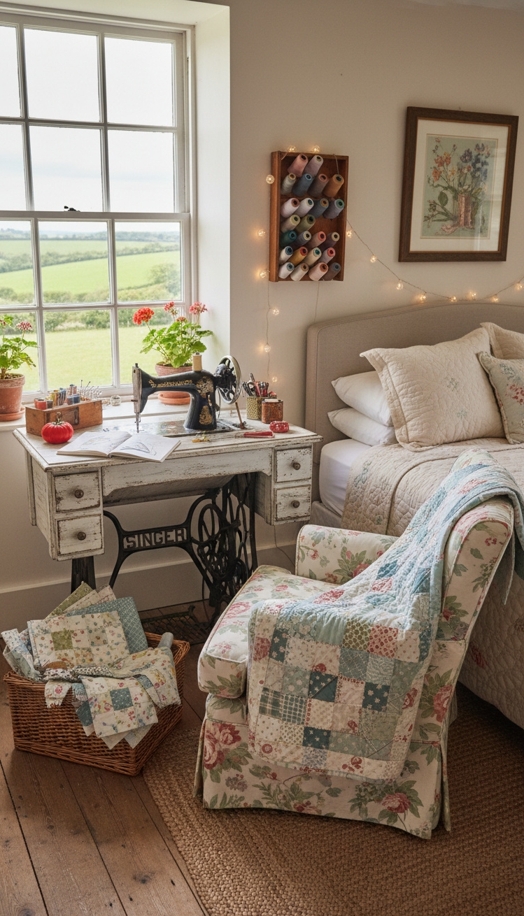 country-style bedroom - Country Bedroom: Vintage Sewing Charm - The vintage sewing corner steals the show with...