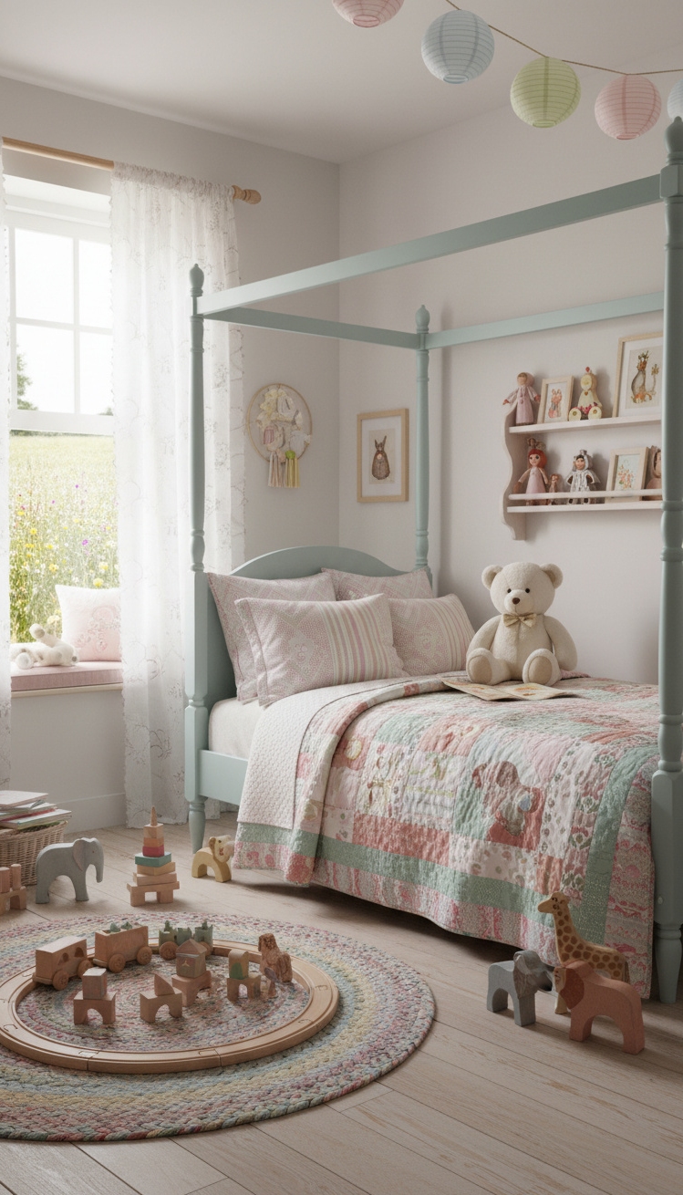 country-style bedroom - Country Bedrooms: Pastel & Playful - The bed, piled high with soft textures, immediately...