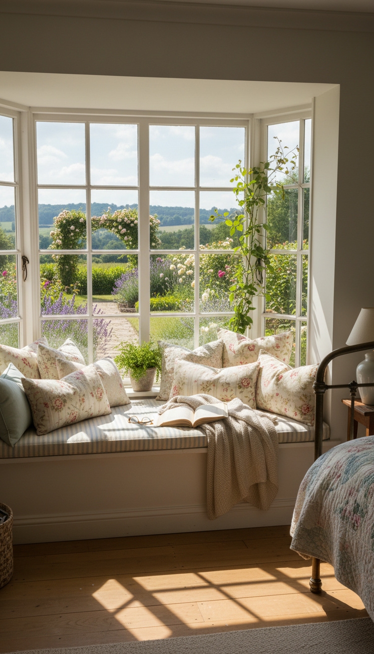 country-style bedroom - Cozy Country Bedrooms: Garden View Seating - The window seat beckons with plump cushions, a...