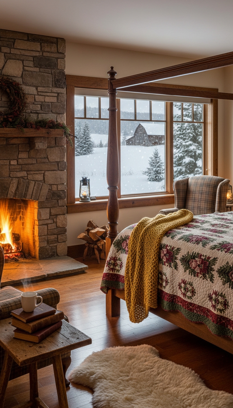 country-style bedroom - Cozy Country Bedrooms: Winter Warmth - The glowing fireplace anchors this country bedroom, casting...