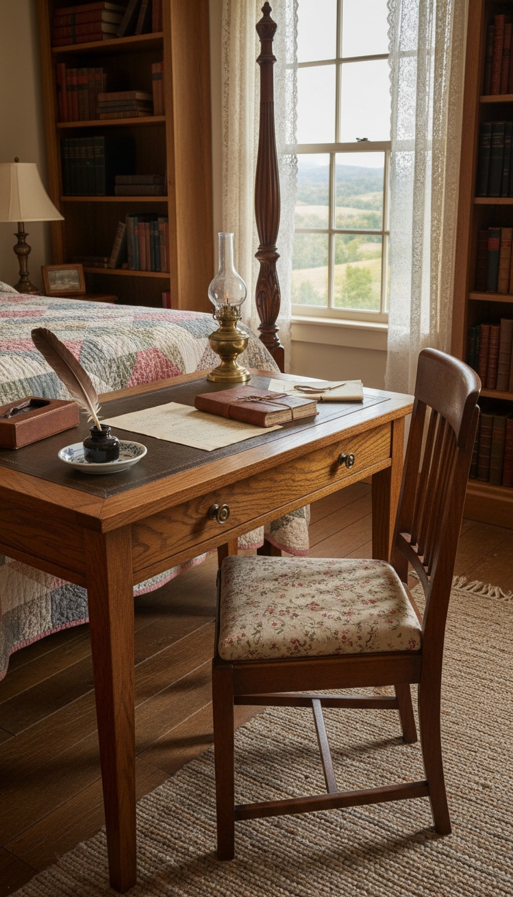 country-style bedroom - Country Bedroom: Antique Desk Focus - The antique writing desk takes center stage, its...