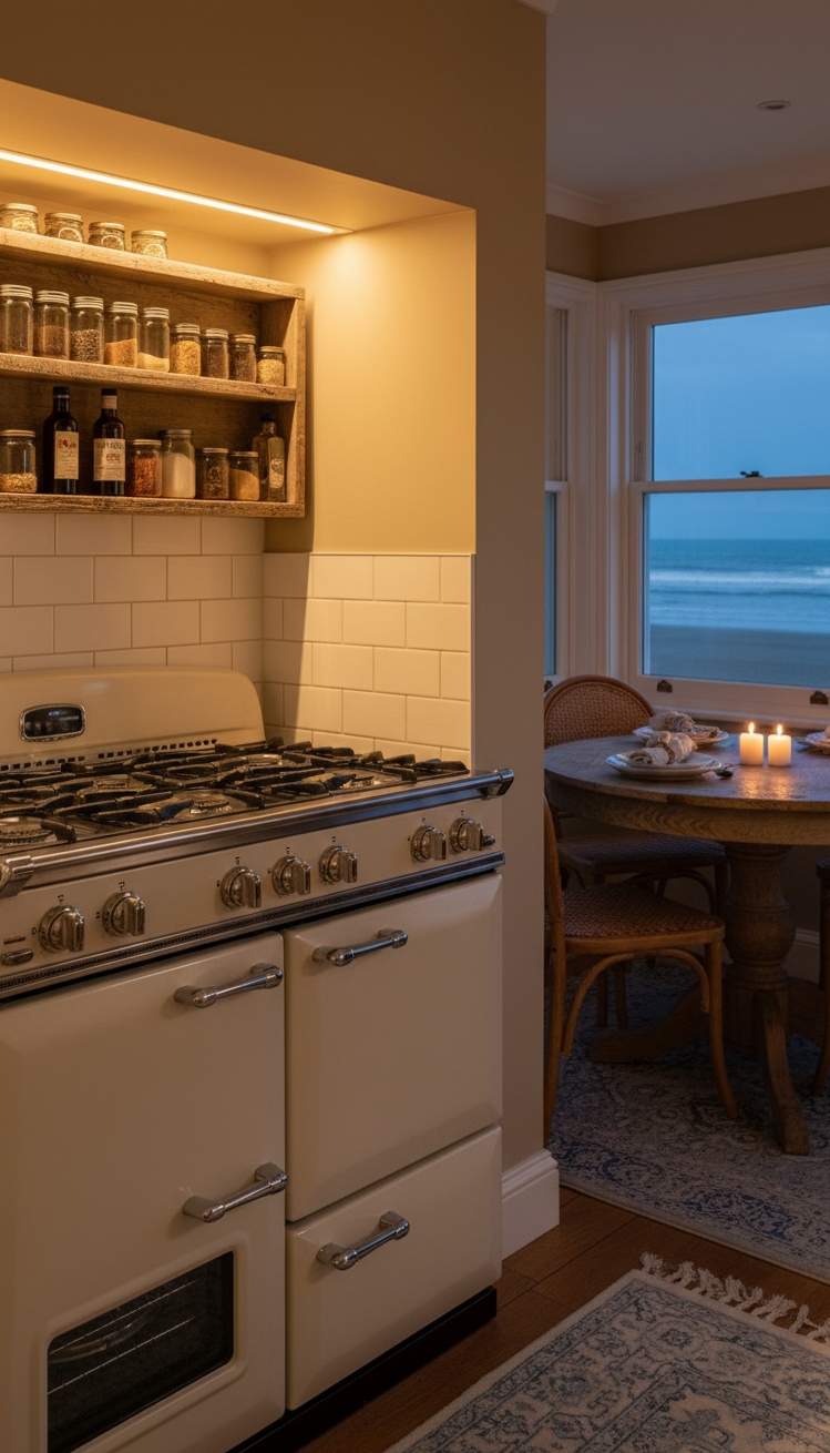Beach Cottage Kitchens - Beach Cottage Kitchen: Cozy Dusk Design - This vintage-style gas range immediately draws your eye...