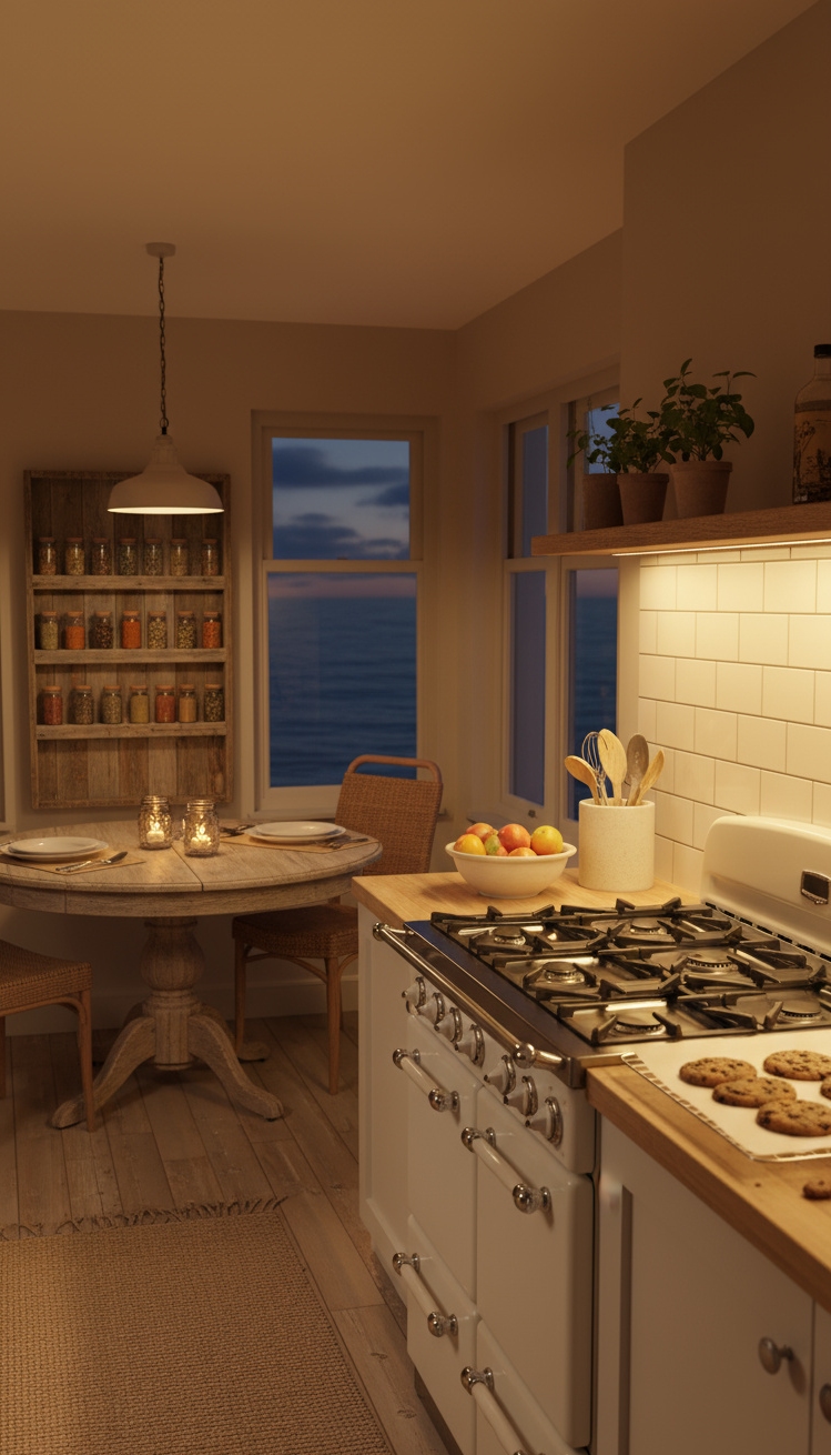 Beach Cottage Kitchens - Beach Cottage Kitchens: Twilight's Warm Embrace - This vintage gas range immediately draws your eye...
