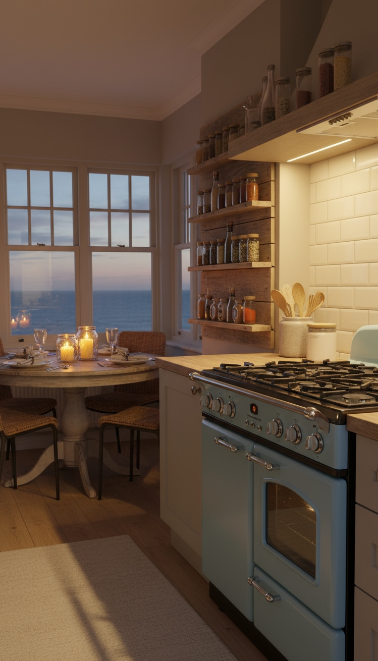 Beach Cottage Kitchens - Beach Cottage Kitchen: Warm Dusk Glow - This robin's egg blue stove immediately draws you...