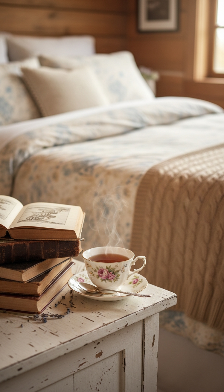 country-style bedroom - Country Bedroom: Distressed Details & Charm - This bedside vignette whispers of quiet mornings and...