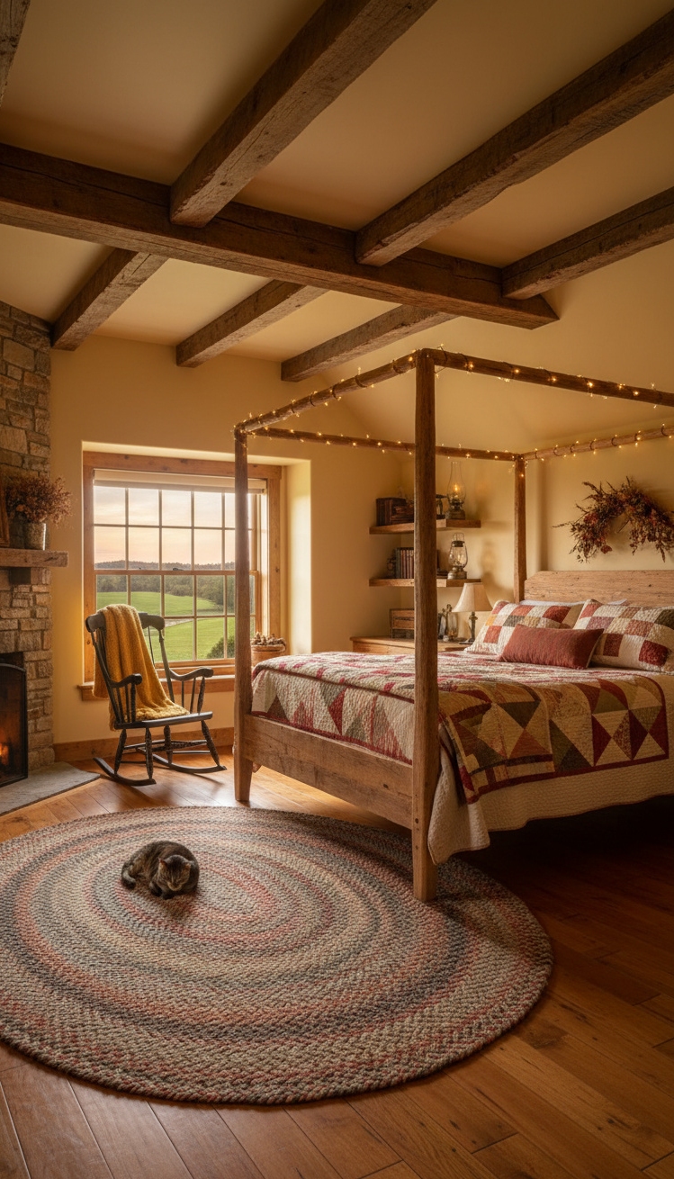 farmhouse bedroom ideas - Farmhouse Bedrooms: Warm Wood & Quilts - The exposed wooden beams immediately draw your eye...