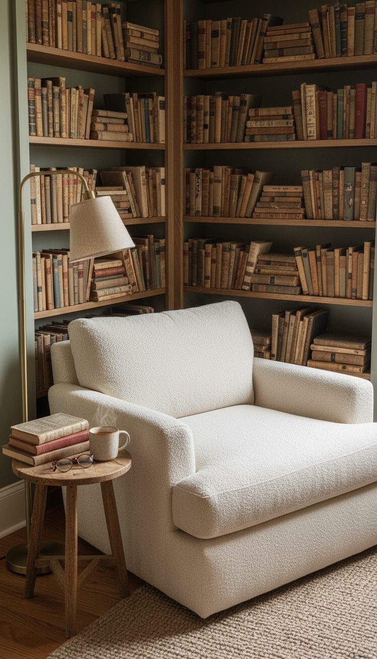 serene interior colors - Serene Spaces: Muted Greens & Cozy Textures - This reading nook beckons with its 