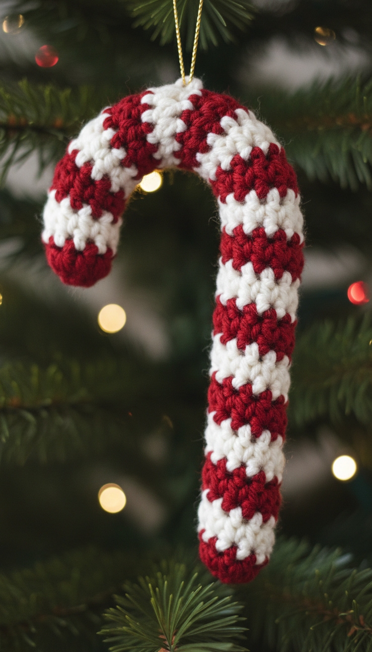 christmas ornament crafts - Crochet Candy Cane Ornament Design - The crochet candy cane ornament pops with holiday...