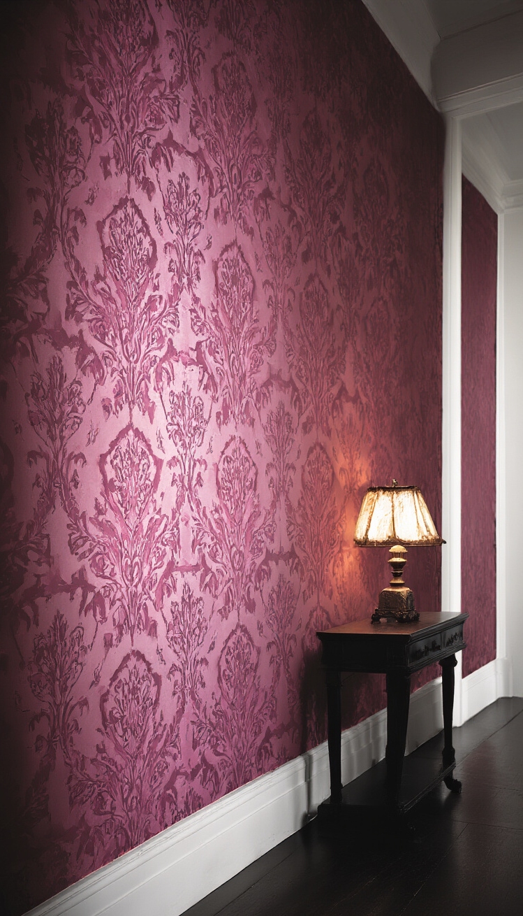 Deep Pink Wallpaper - Deep Pink Damask: Moody Hallway Elegance - Deep pink damask wallpaper envelops this hallway in...