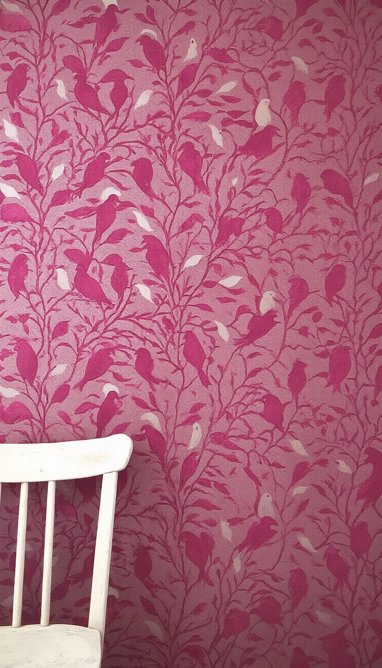 Deep Pink Wallpaper - Deep Pink Wallpaper: Birds in Velvet - These deep pink walls sing with a flock...