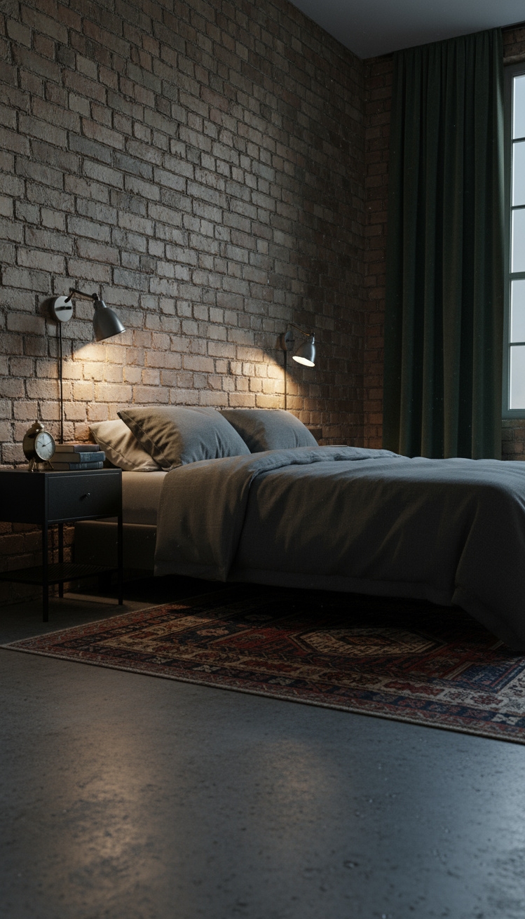 Male Bedroom Ideas - Dark & Moody Male Bedroom Design - This distressed brick headboard instantly grabs your attention,...