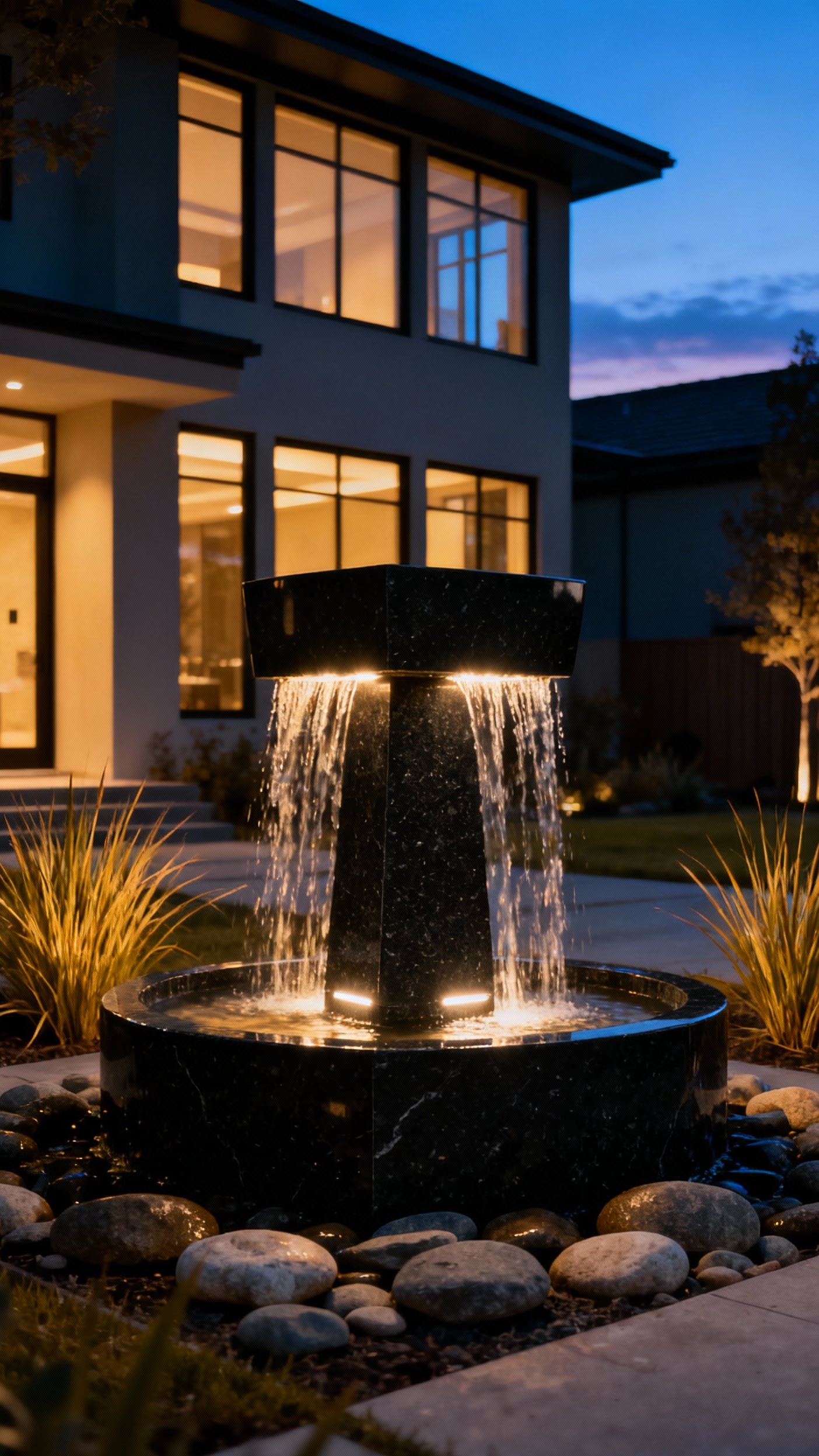 front yard landscape - Front Yard Water Feature Design - The sleek, black granite fountain immediately captures your...