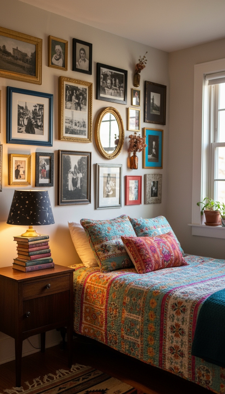 Accent Wall Behind Bed - Accent Wall: Gallery Wall Behind Bed - This gallery wall bursts with personality, transforming the...