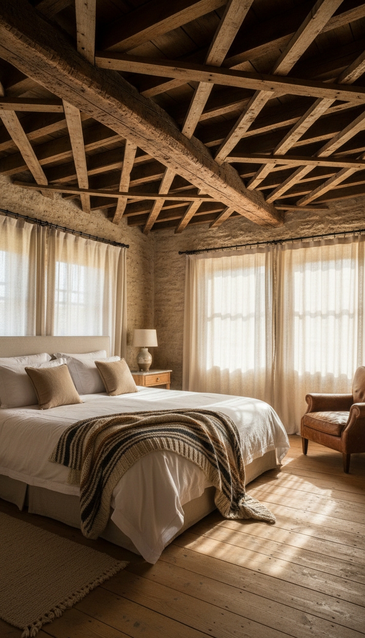 exposed beams bedroom - Exposed Beams: Rustic Bedroom Charm - These wooden beams command attention. They stretch across...